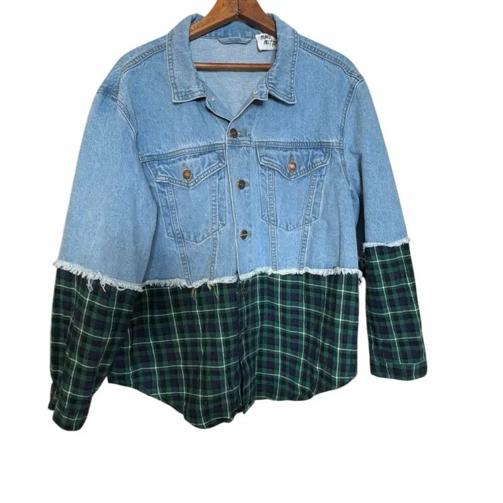 Princess Polly Mixed Media Denim & Flannel Larkin Jean Jacket Blue Green S/M‎